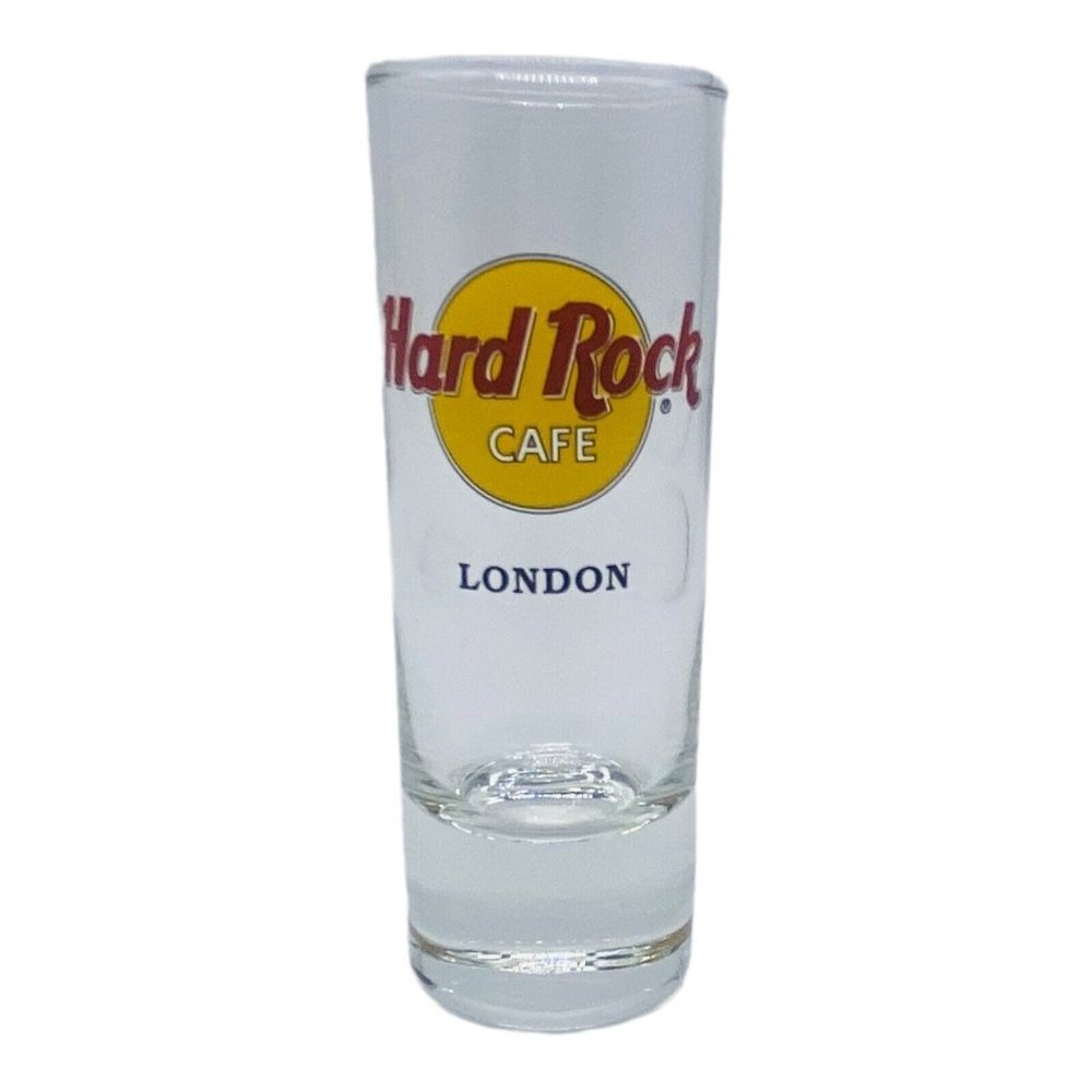 Hard Rock Café LONDON 4" Tall Shot Glass England Clear Hand Blown Barware EUC‎